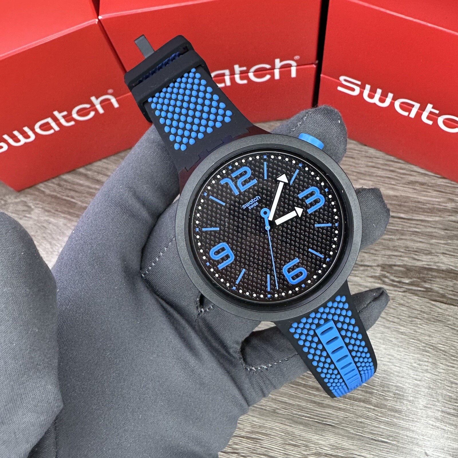 NEW✅ Swatch BIG BOLD BBBLUE Black And Blue 47mm Watch SO27B101
