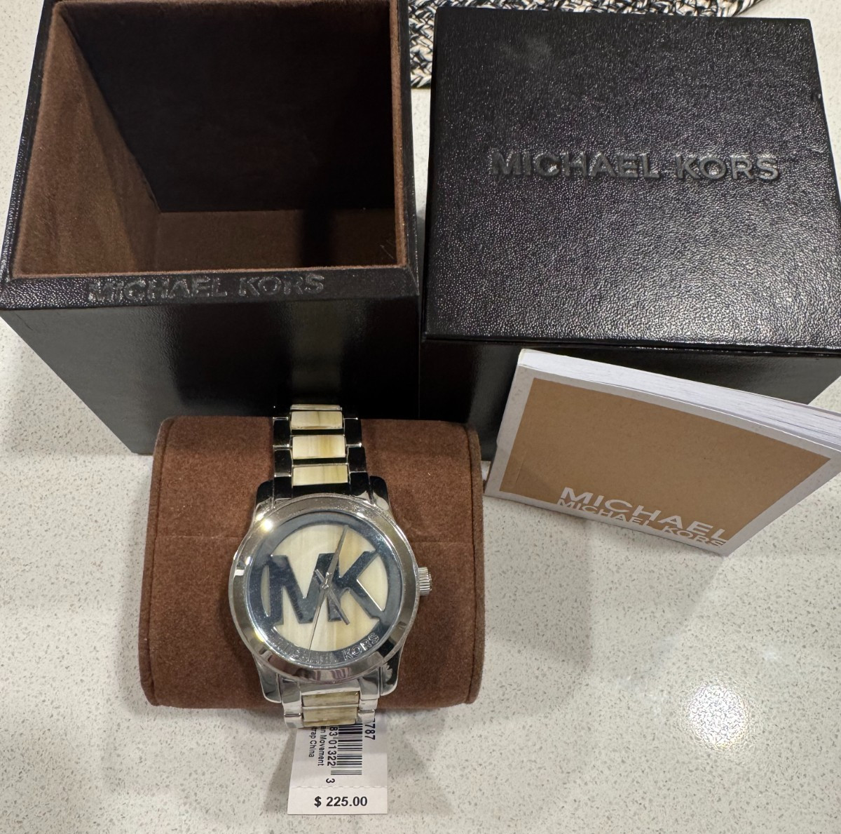 Michael Kors MK5787 Runway Watch Silver Cream Inlay MK Logo NWT