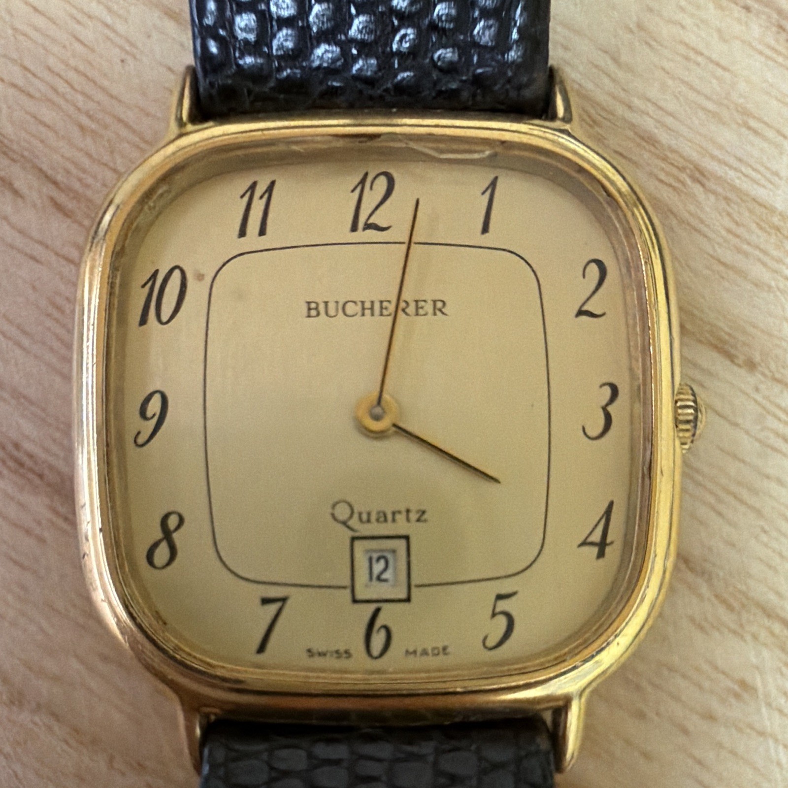 Bucherer Quartz Swiss Made Date Cushion Gold Tone Case Black Leather Strap