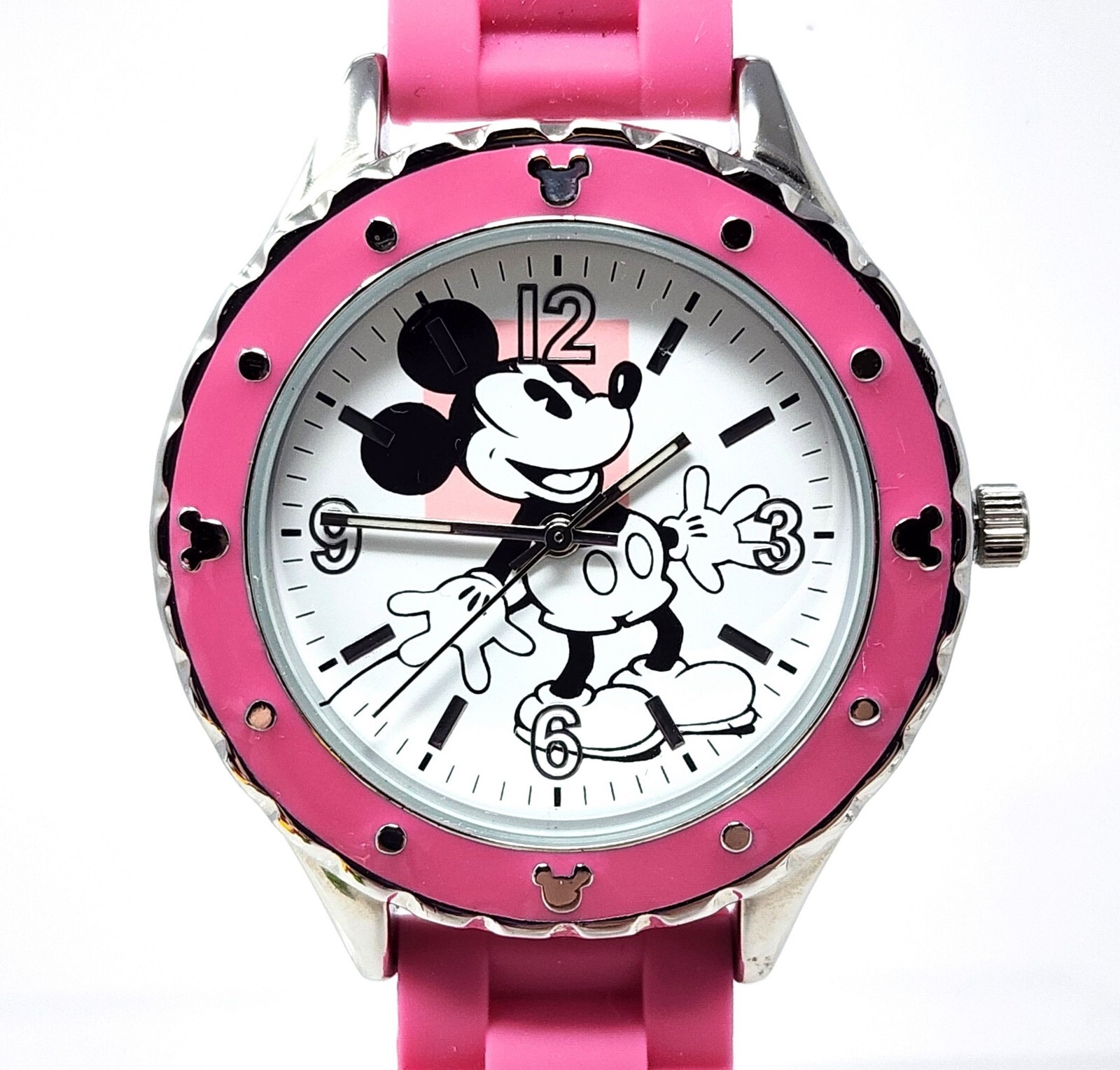 Disney Parks MICKEY MOUSE Adult Size PINK BAND Silver & Pink Case Watch Working