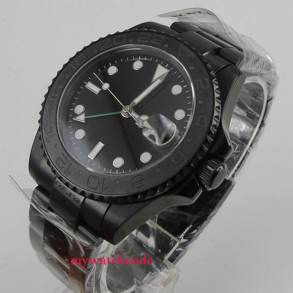 40mm Tandorio Black Sterile Dial PVD GMT Sapphire Glass Automatic Mens Watch