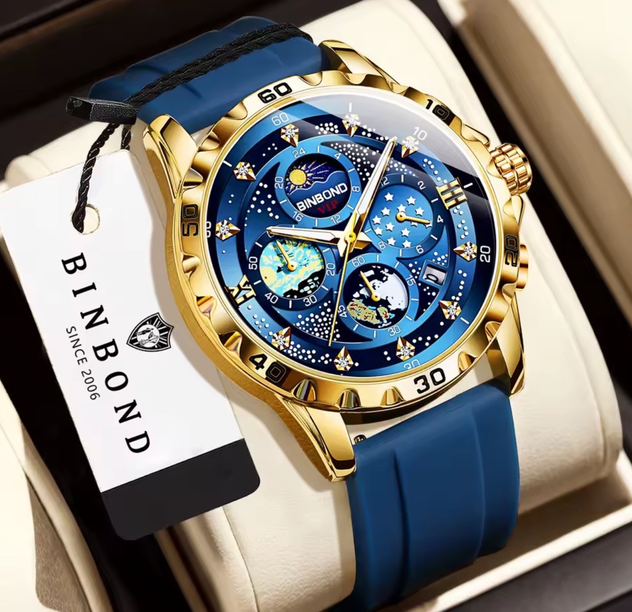 BINBOND VIP Men’s Quartz Watch Luminous Blue Dial Gold Case Blue Strap IP67
