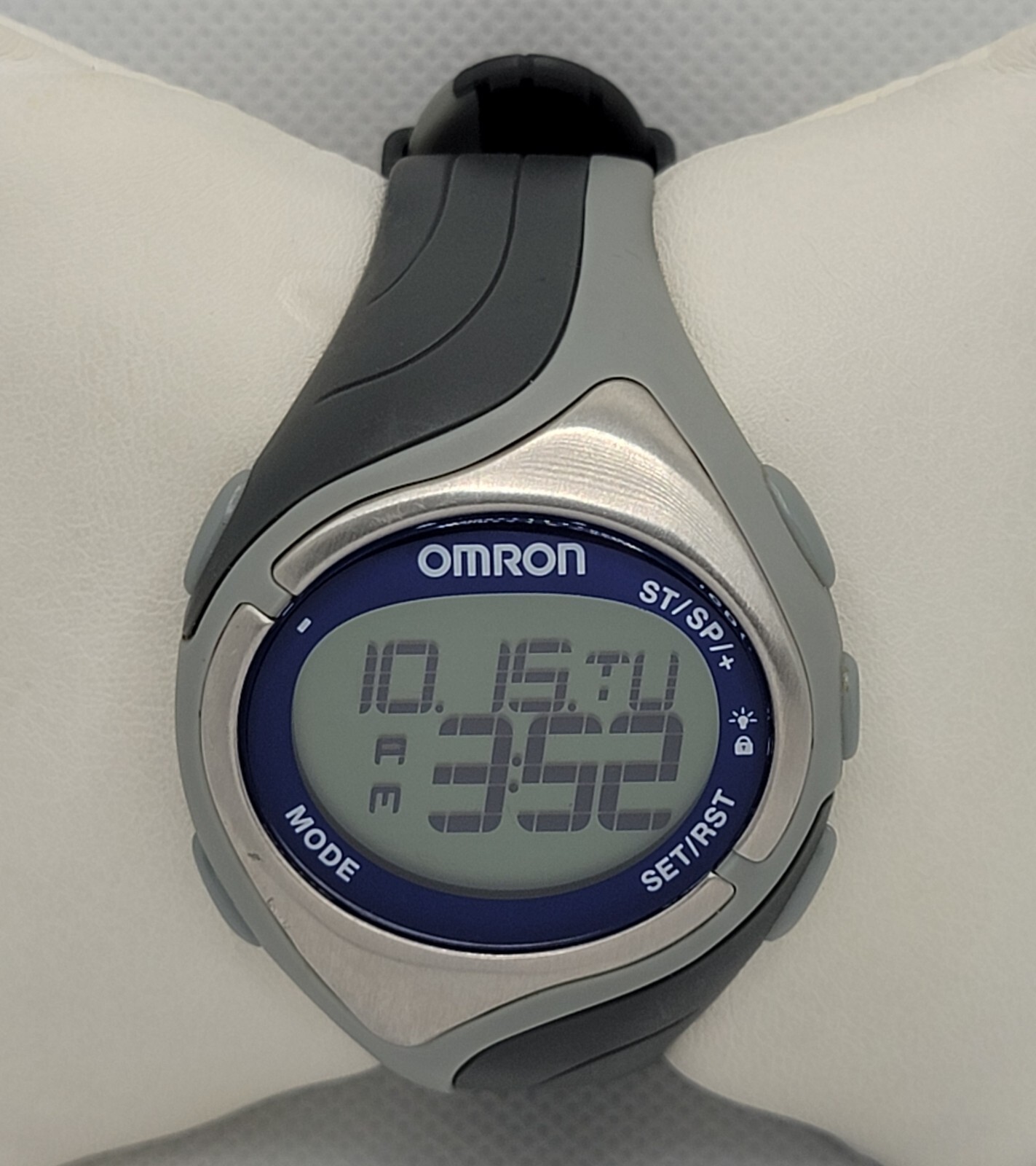 Mens Omron Gray Blue Silver Tone Sport Chrono Backlight Digital Watch L8