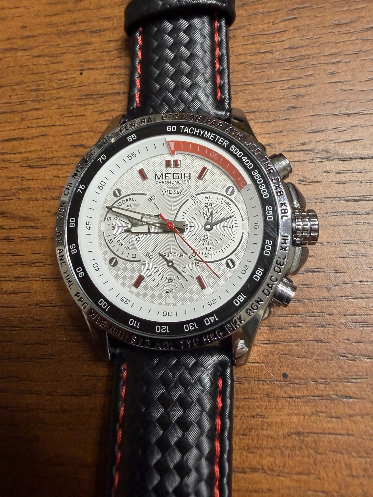 Megir 1010 Men White Dial Red Accent Chronograph Black Tachymeter Quartz Watch
