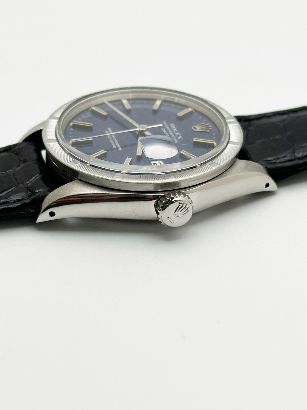 Vintage ROLEX Date 1501 RARE Blue Mosaic Dial Black Steel Leather Strap 34mm