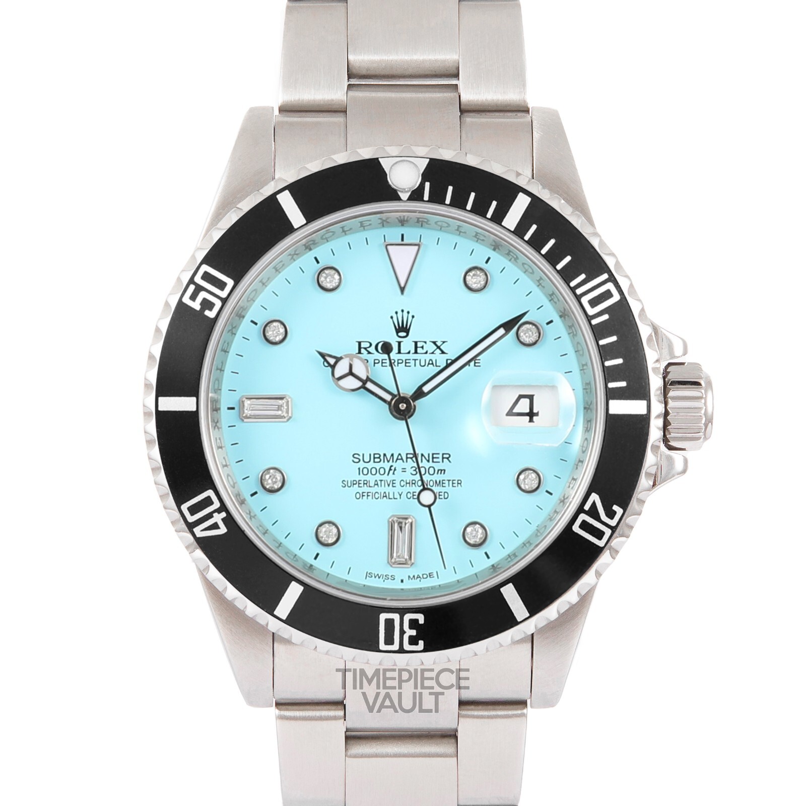 ROLEX SUBMARINER 16610 REHAUT NO-HOLE 40MM TURQUOISE DIAMOND DIAL BLACK INSERT