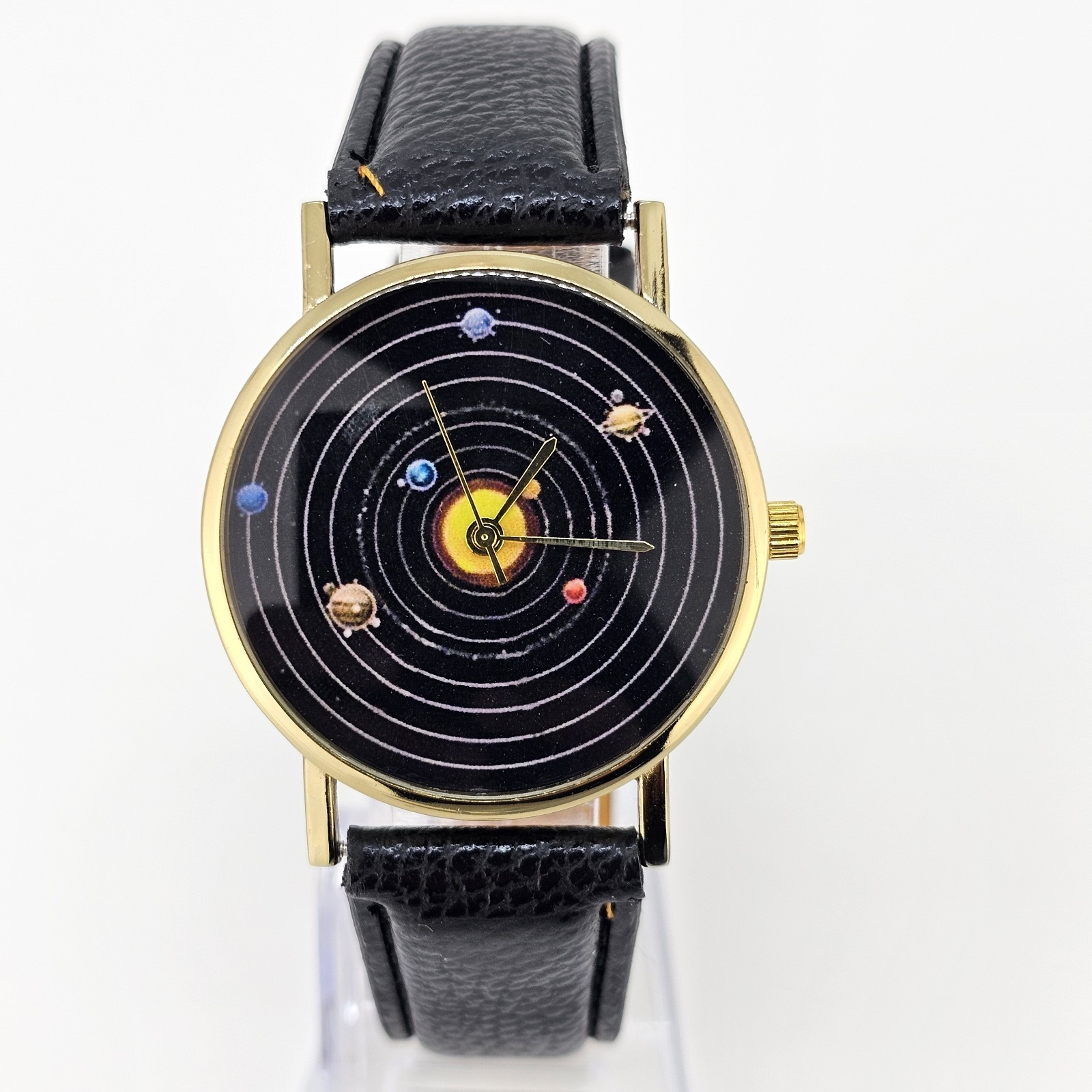 Solar System Unisex Watch 38MM Black Dial Black Faux Leather Bands New Battery
