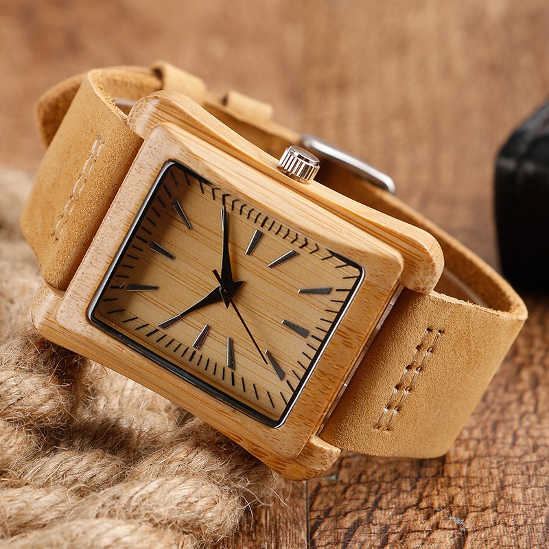 Natural Wooden Watch Handmade Wood Soft Leather Strap Bamboo Quartz Watches Gift
