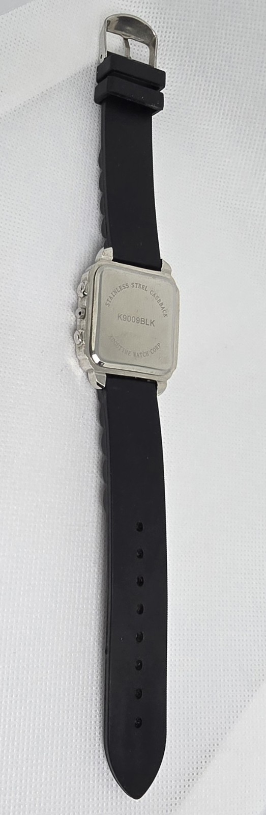 Women’s Vivani Rectangle Silver Tone Rhinestones Black Silicone Strap Watch 12