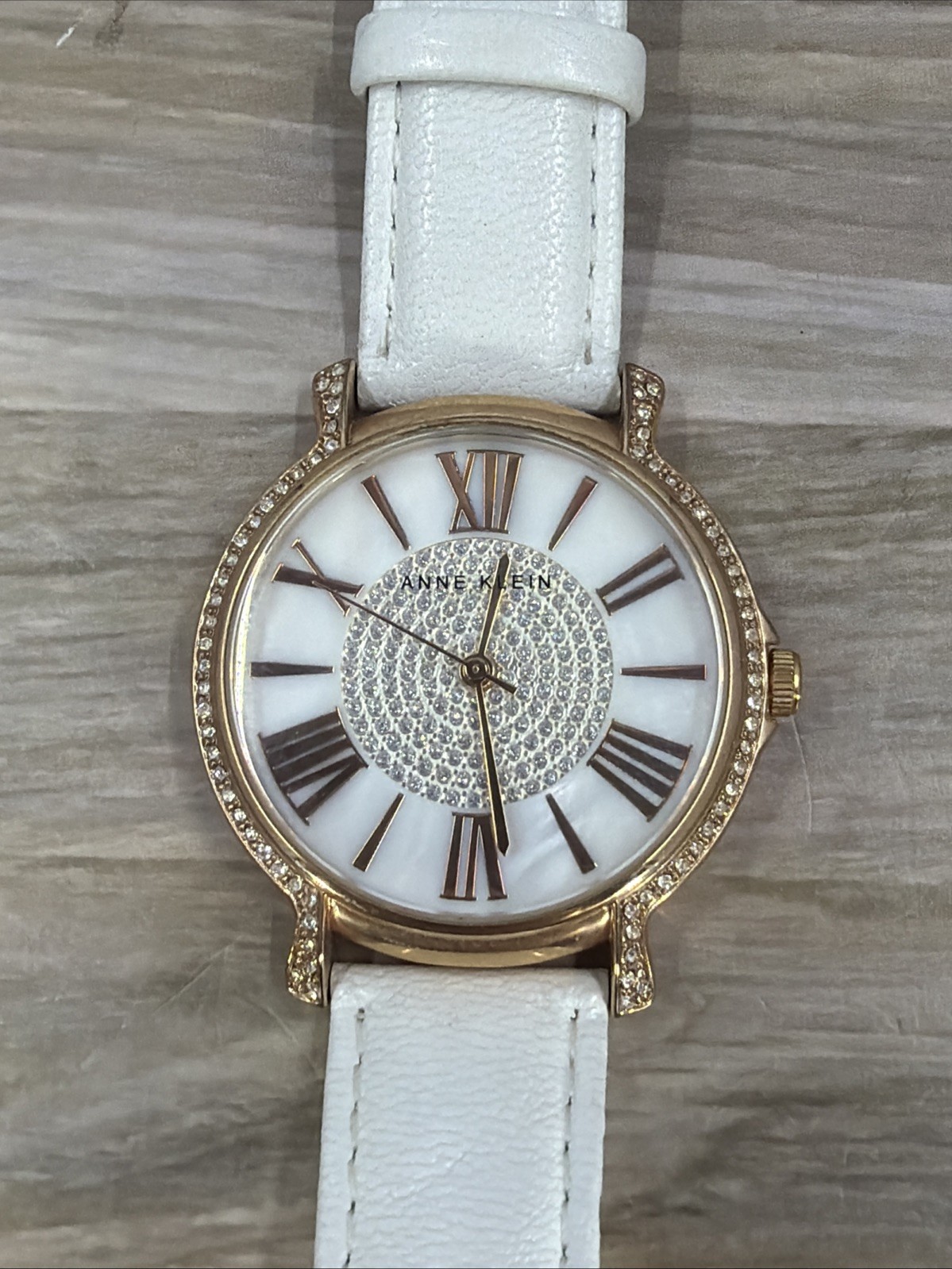 Anne Klein Watch Women 37mm Gold Tone Pave Bling MOP Dial Leather New Battery 8″