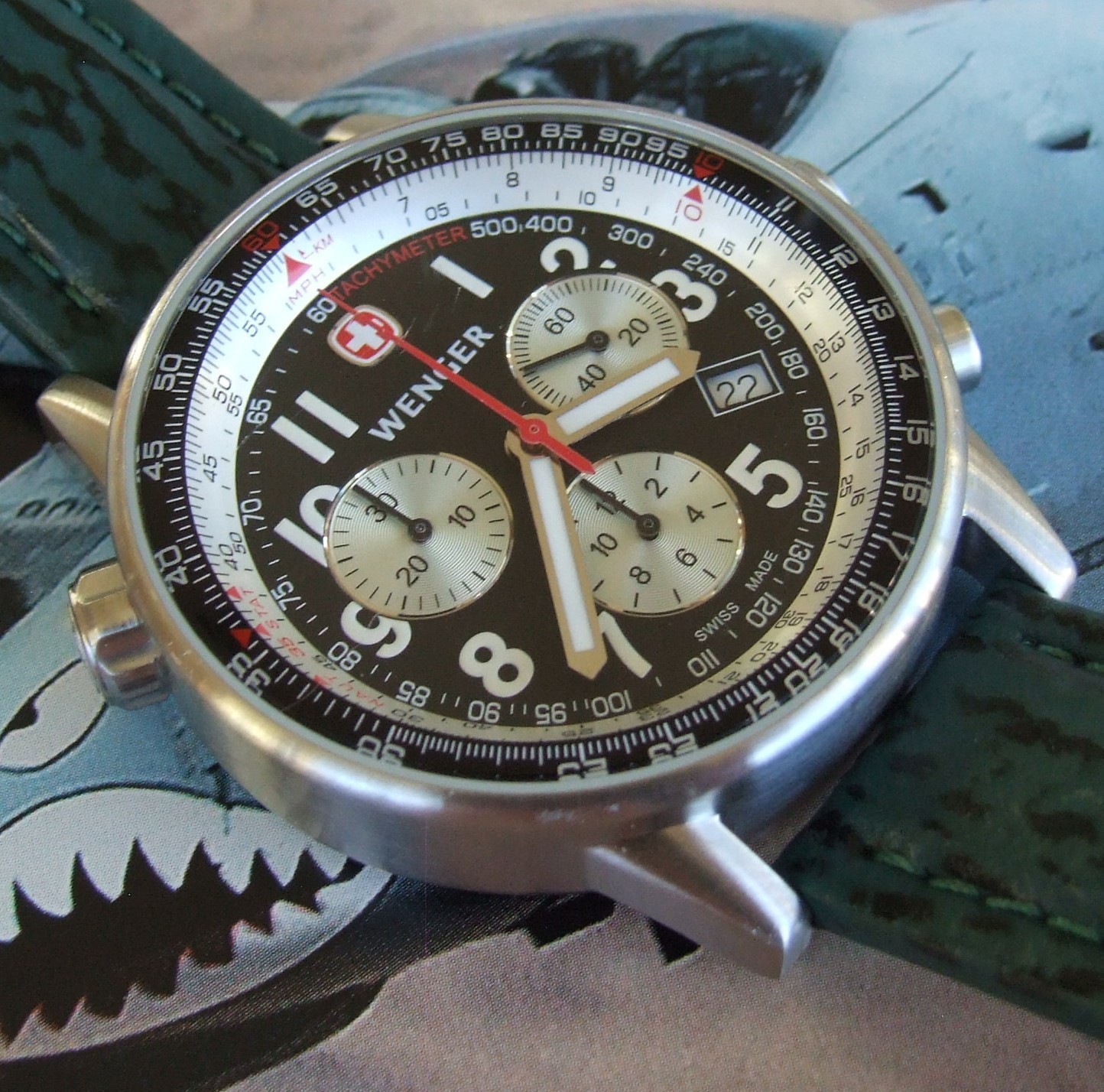 WENGER Swiss Army Mens COMMANDO CHRONOGRAPH~Rare Silver/Black Pilot Version~42mm