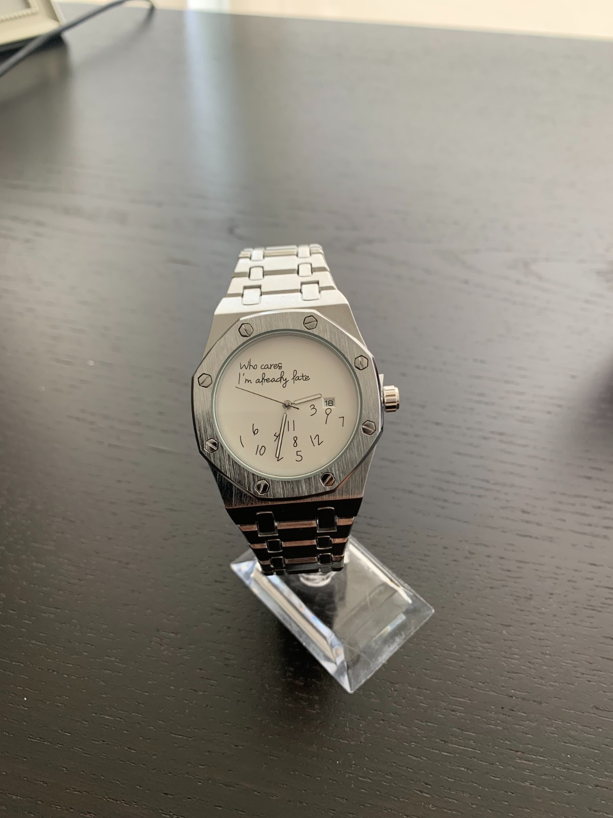 Mens Watch “Who Cares I’m already Late” White Dial Stainless Steel Wristwatch
