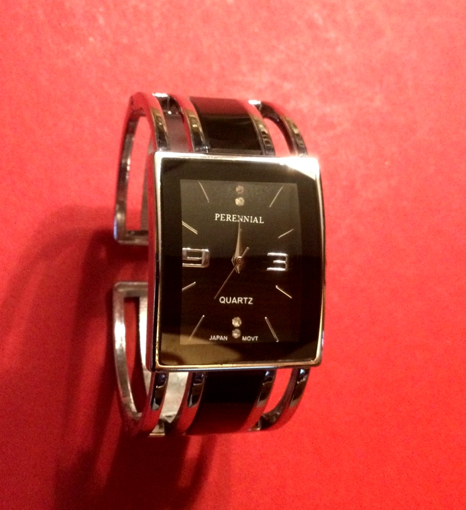 Perennial Wide Cuff Bangle Watch~Womens Silver/ Black Accents ~ Needs Battery