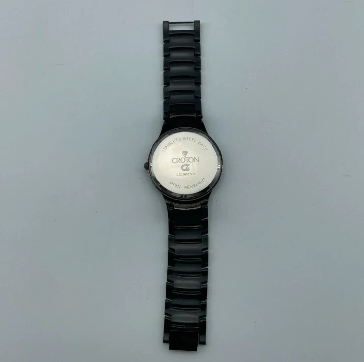 CROTON Mens Stainless Steel Watch Black Dial Diamond Accent New Battery 7in
