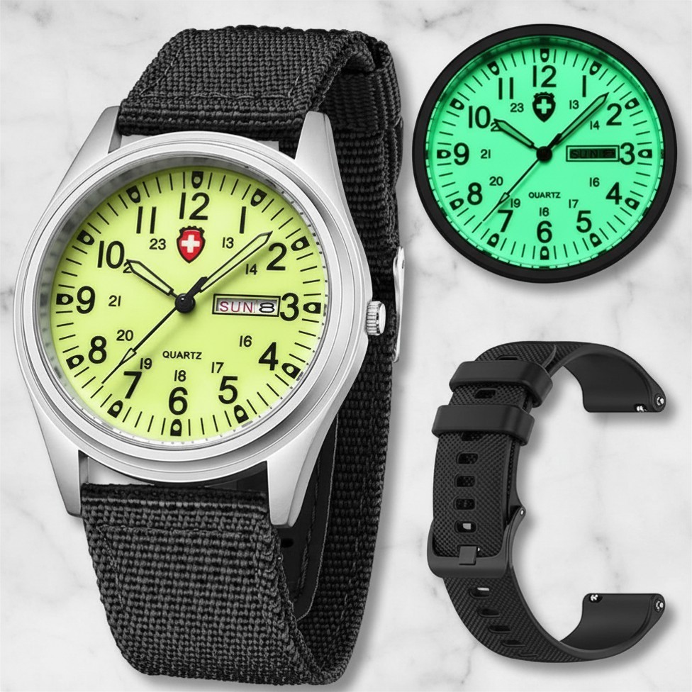 Swiss Style Unisex Military 42 mm Watch Sport Black Textile Nylon Strap Luminous