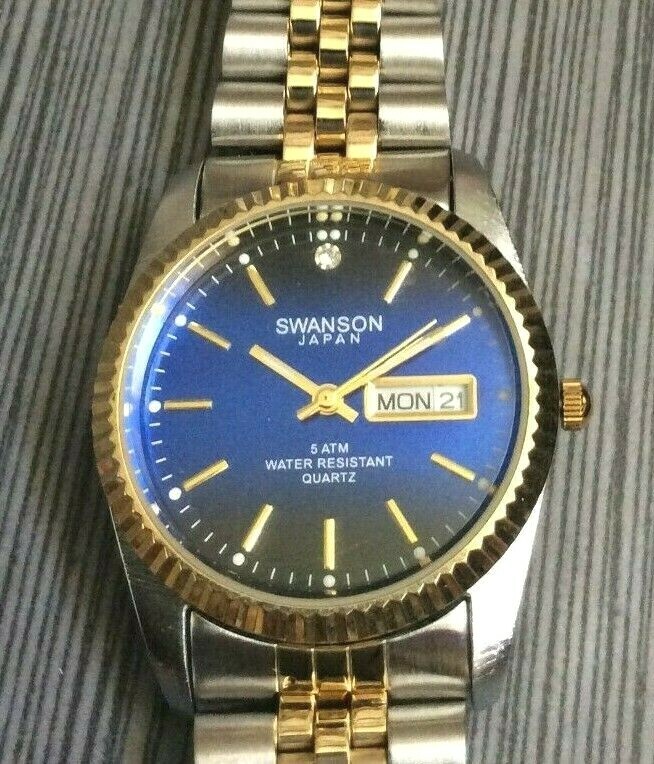 Swanson Men’s Watch Round Blue Date Dial on Two Tone Linked Band New Item!