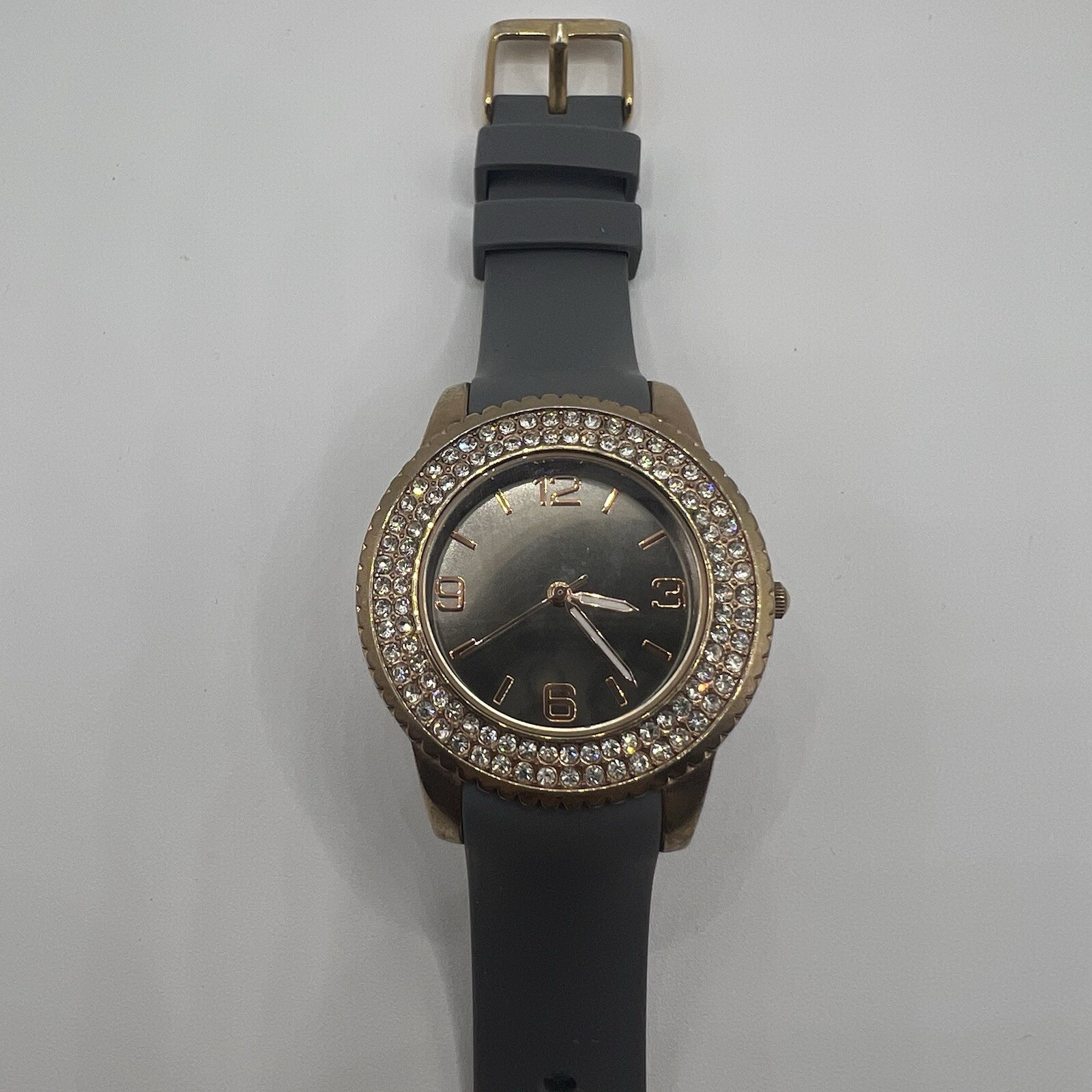 Shiny Mirror Dial Crystal Accent Gold Tone Case Gray Silicone Band Watch