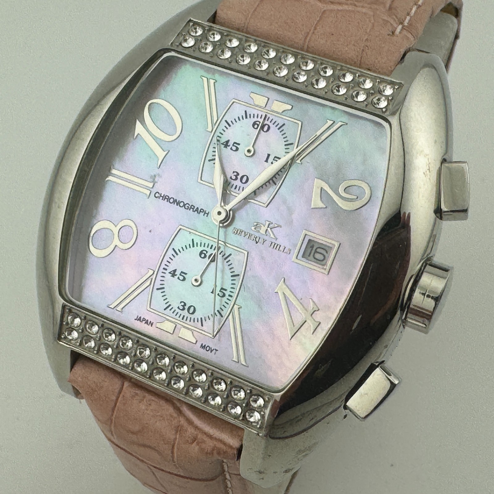 Adee Kaye Quartz Watch Men Silver Barrel MOP Chronograph Date Analog New Battery