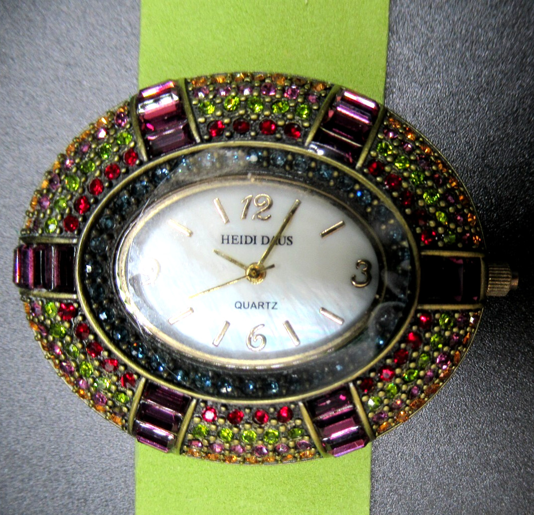 HEIDI DAUS Green Leather Colorful Crystal Watch in Unworn Condition!