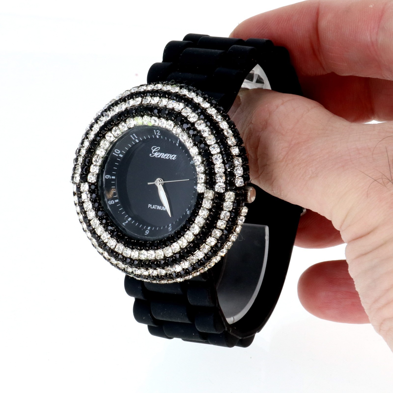 Women’s Geneva Quartz Black & Clear 6 Rows Crystal Rubber Band Japan Movt.