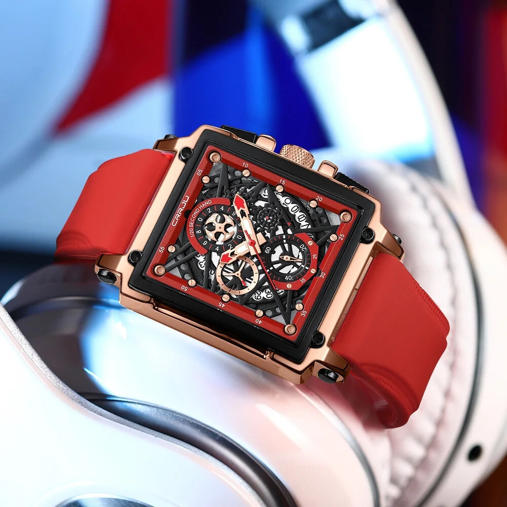 CRRJU Men Watch Luxury Brand Wristwatch Red Strap Male Rectangle Sport Watches