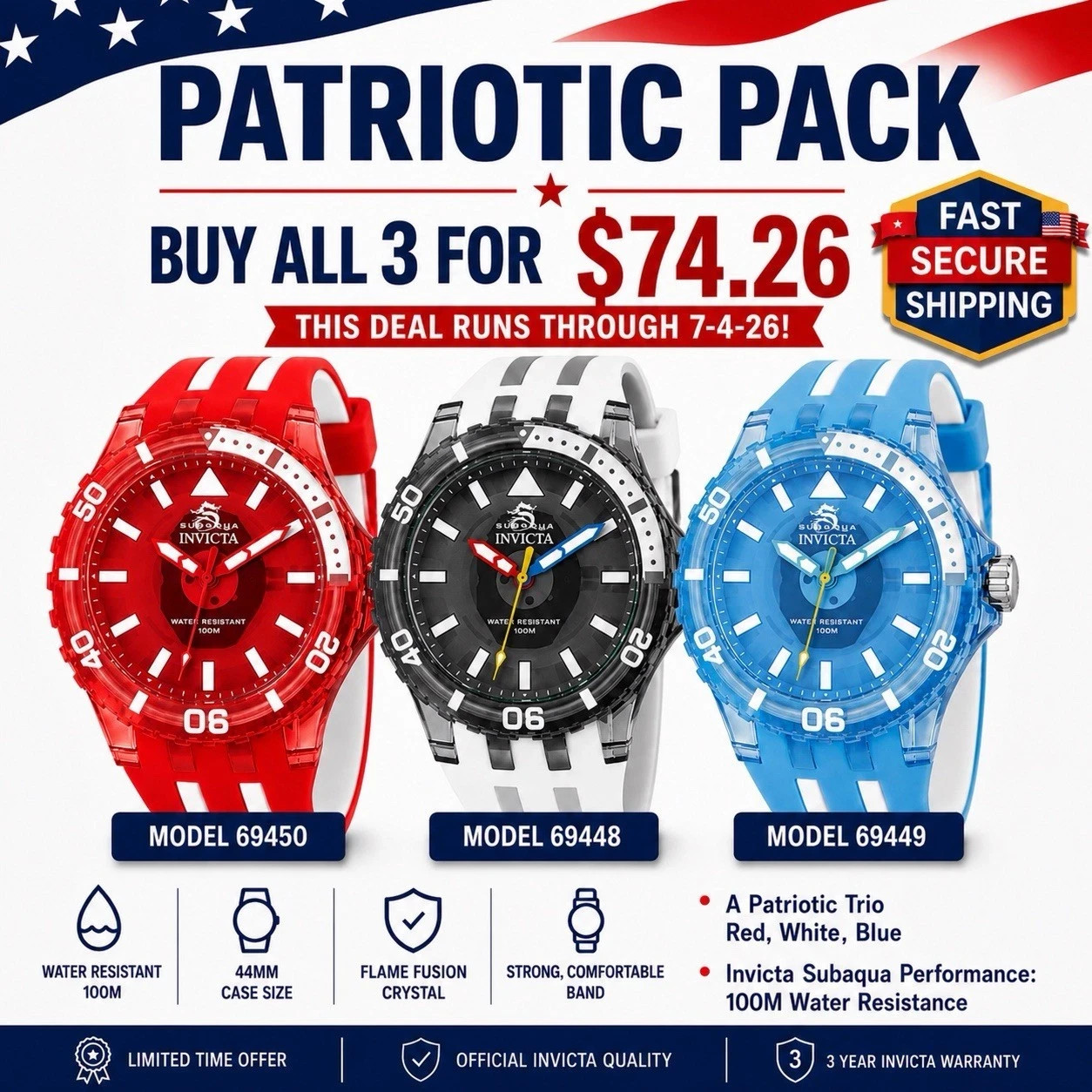 Invicta Subaqua Patriotic Pack – Set of 3 Watches – BRAND NEW – America 250!!