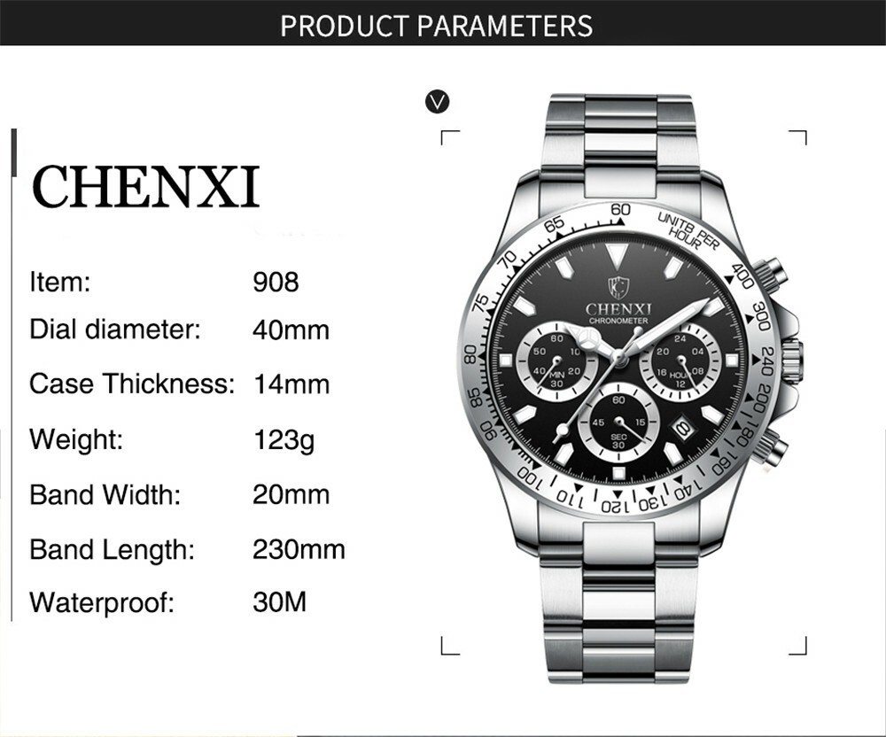 CHENXI Men’s Watch Chronograph Luminous Sport Business Steel Quartz Wristwatch