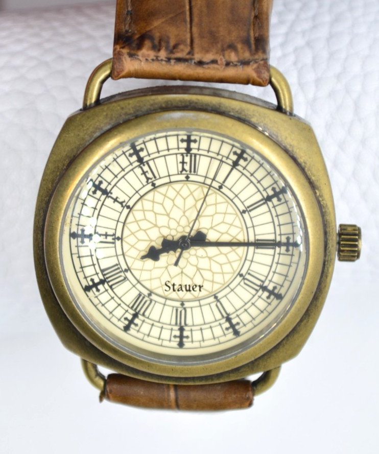 Stauer 18160 Mens Watch Spider Web Dial Bronze Case Brown Leather VGC Discont’d