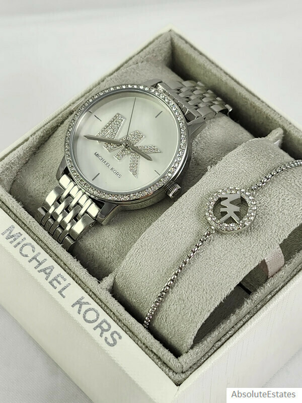 NEW Michael Kors Melissa Silver Crystal Watch Logo Bracelet Set MK1055 Gift Set