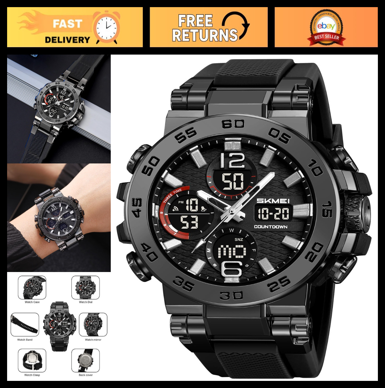 Men’s Waterproof Dual Display Sports Watch – LED Alarm Stopwatch, 50M, Outdoor R