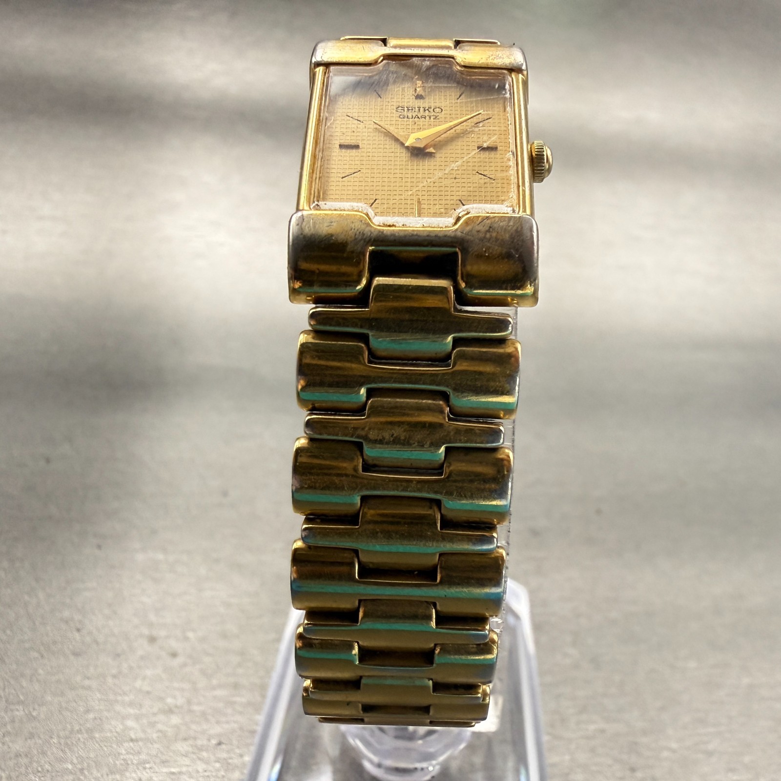 Seiko Watch Women 17mm Gold Dial Gold Tone Rectangle 2P20-5E60 New Battery VTG