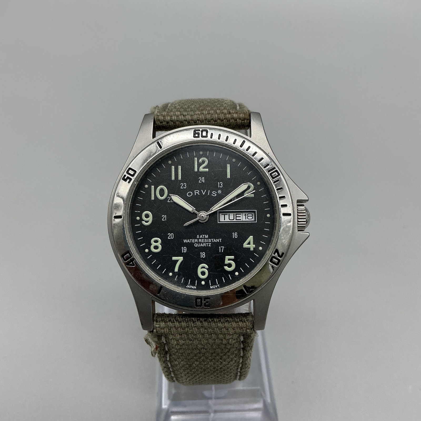 Orvis Mens Watch 38mm Black Dial Military Field Day Date Canvas New Battery