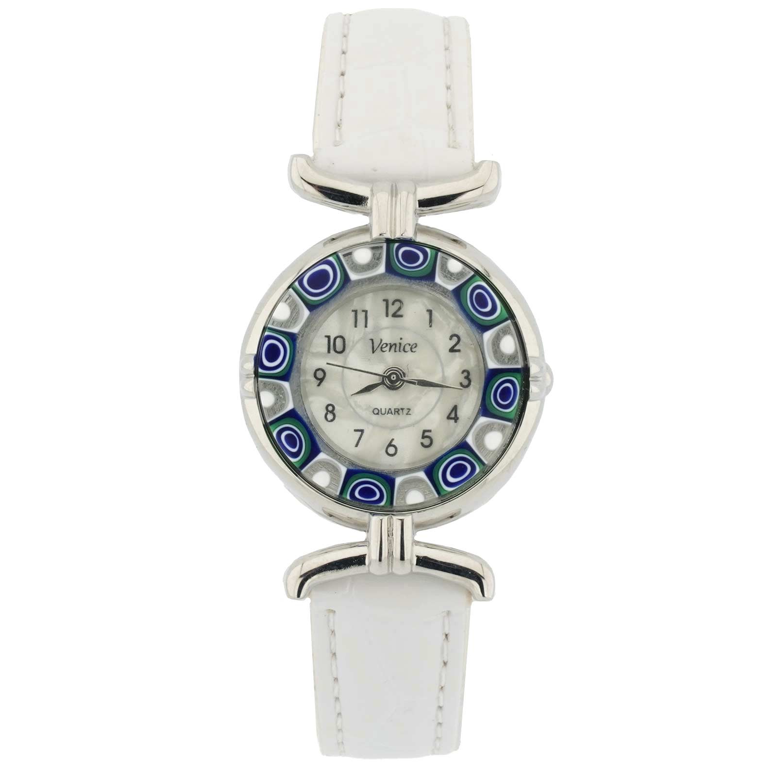 GlassOfVenice Murano Glass Millefiori Watch With Leather Band – White