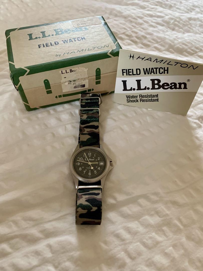 L.L.Bean Hamilton Khaki Field Watch Black Dial Vintage Working w Box Strap