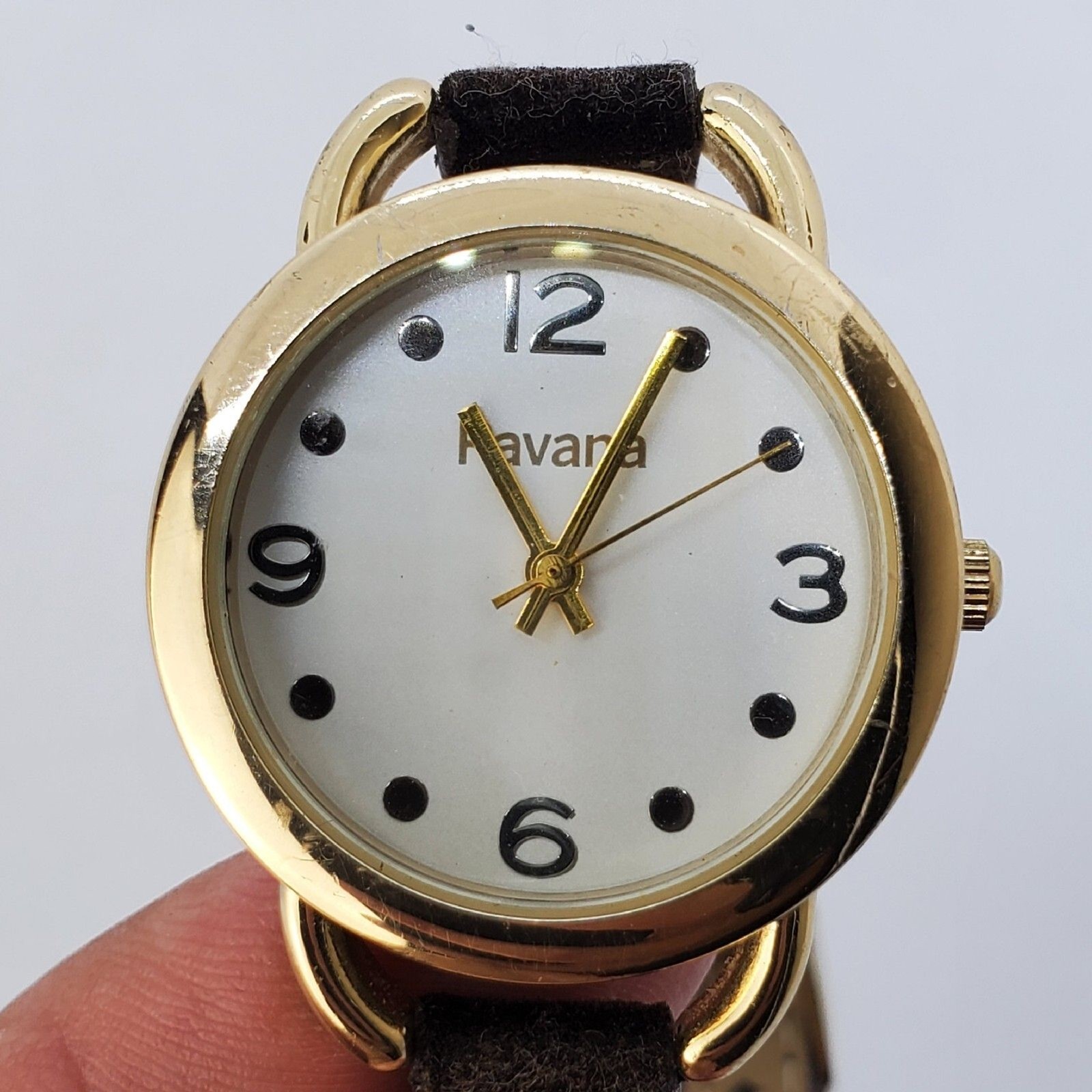Pavana 32MM Watch Women White Dial Black Suede Leather Bands New Battery