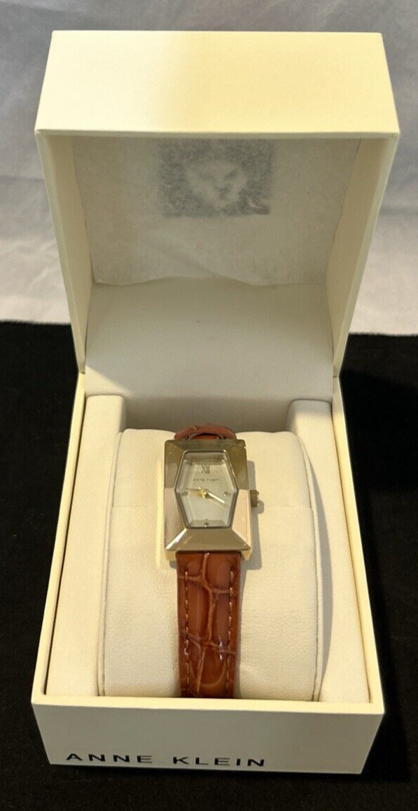 Anne Klein Watch Gold-Tone/Honey Croco-Grain Leather Strap Watch NIB