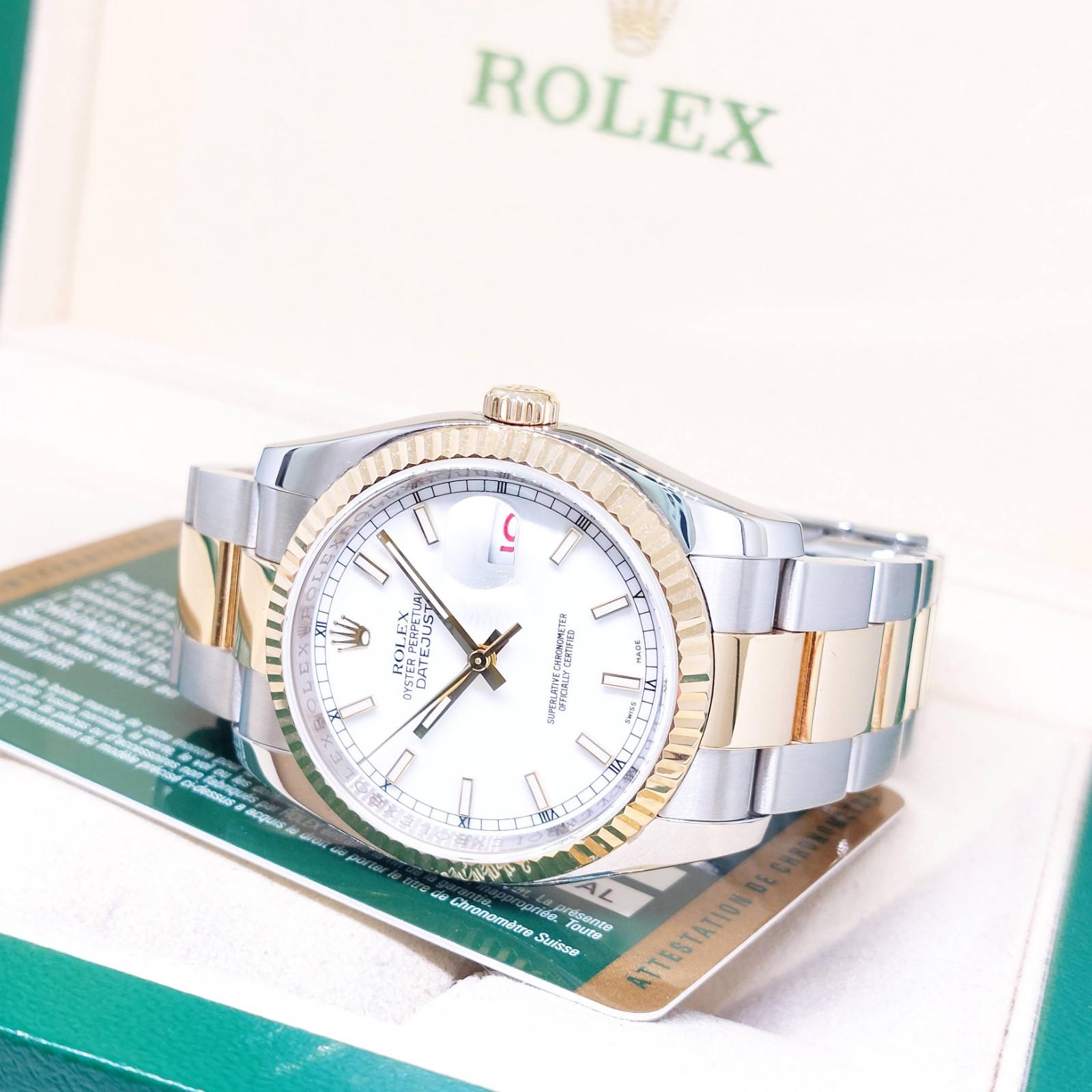 Rolex 36mm 18K Half Yellow Gold White Batons Dial Datejust REF: 116233 (V)