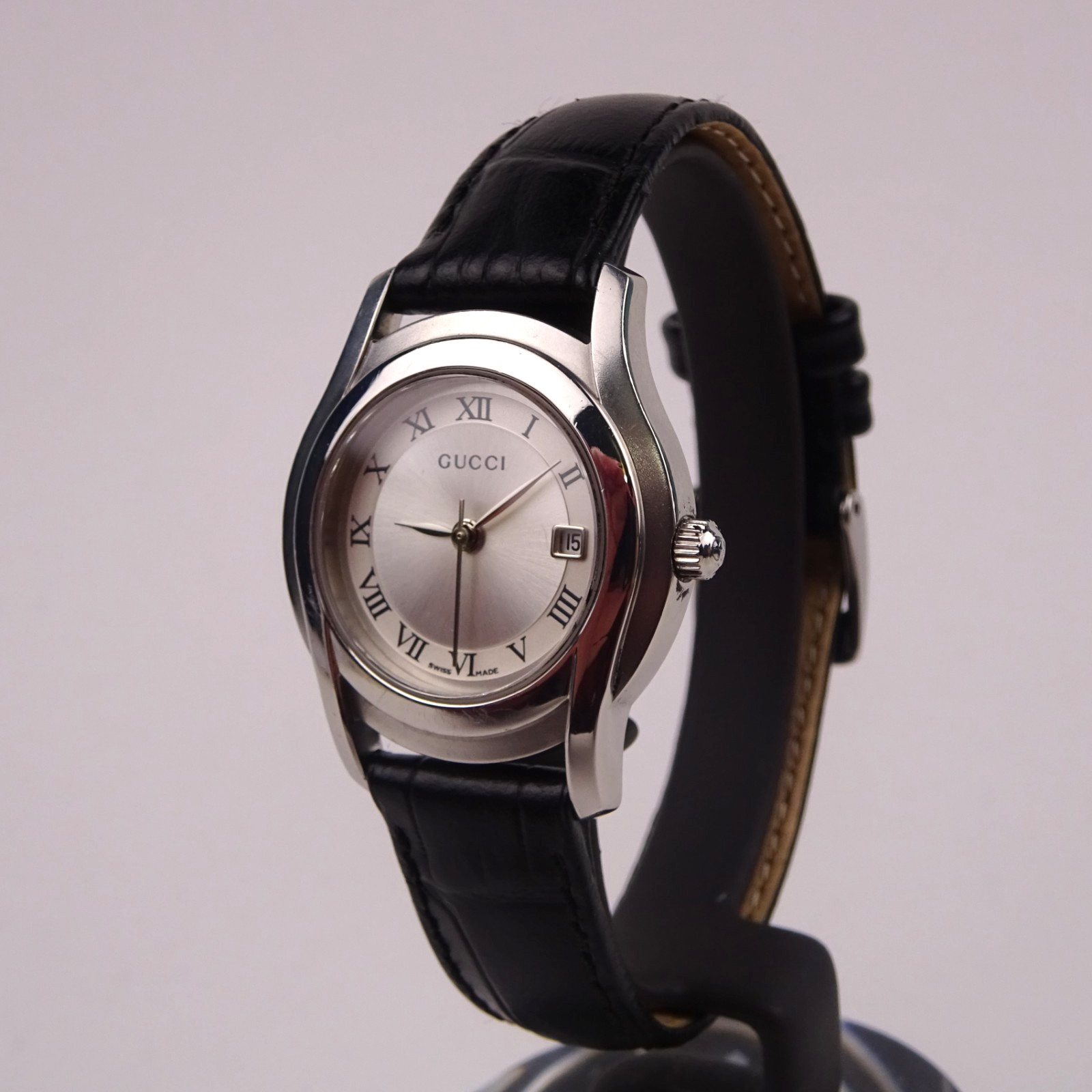 Gucci 5500L Watch Stainless Steel Silver Dial Black Leather Strap Women’s