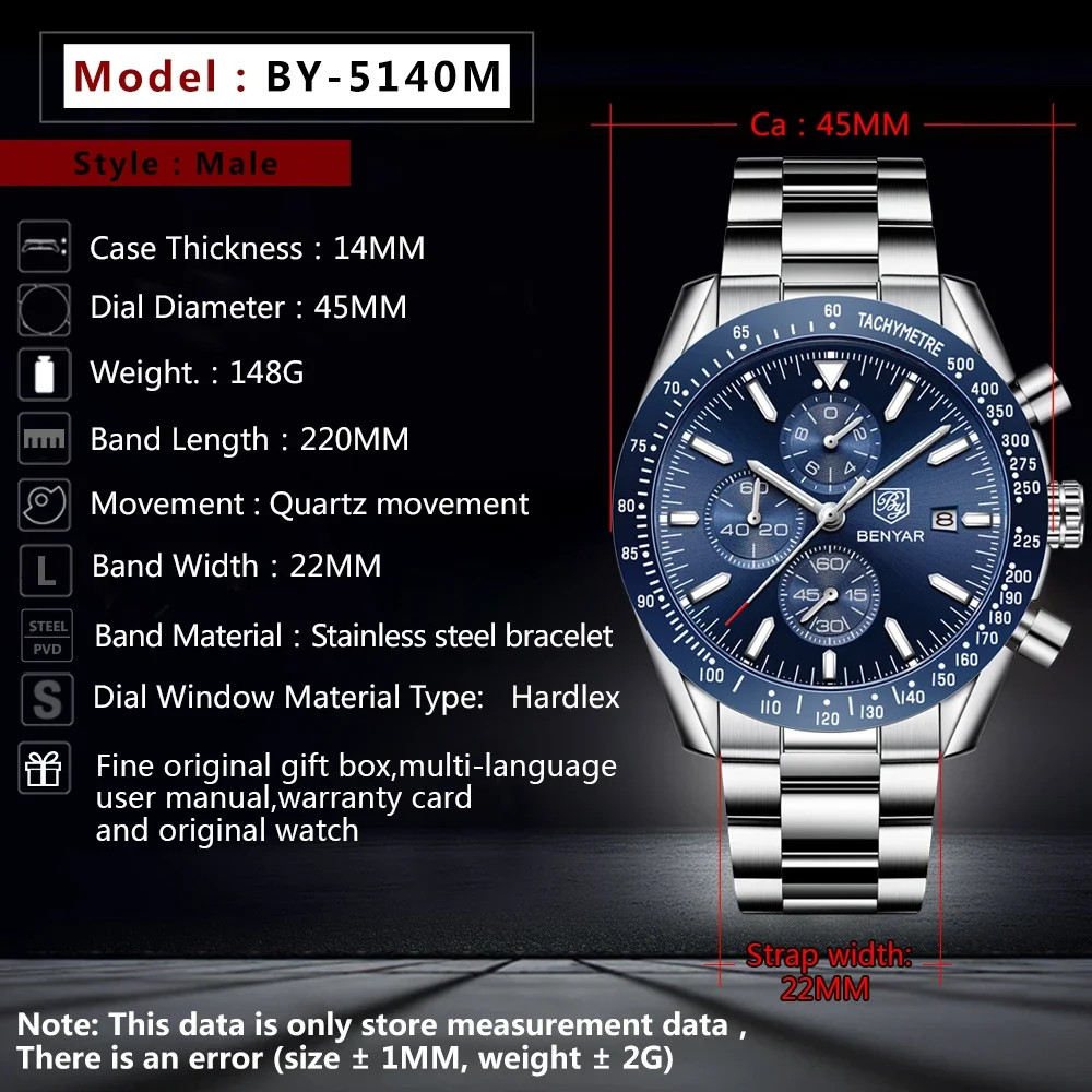 BENYAR Men’s Quartz Watch Stainless Steel Business Sports Waterproof Watch