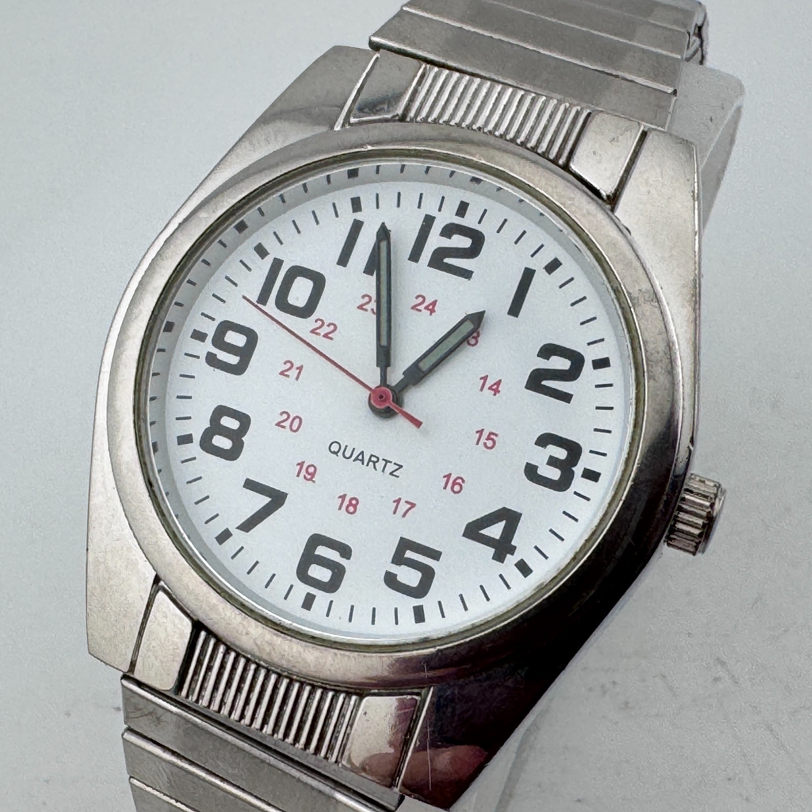 VTG Japan Movt Quartz Watch Men Silver Military Dial Stretch Analog New Battery