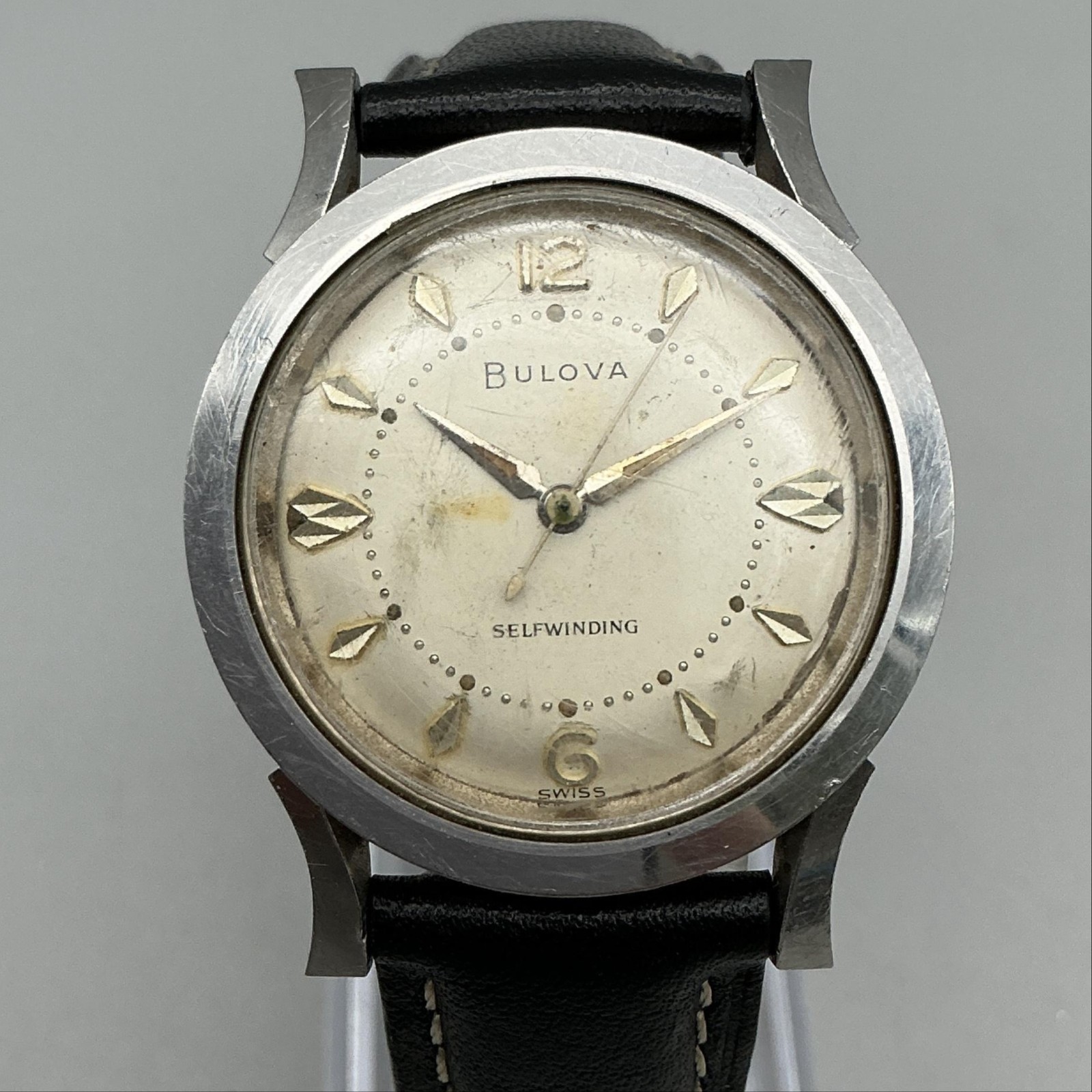 Vintage Bulova Jet Clipper Mens Watch 33mm Silver Tone Automatic Swiss Leather
