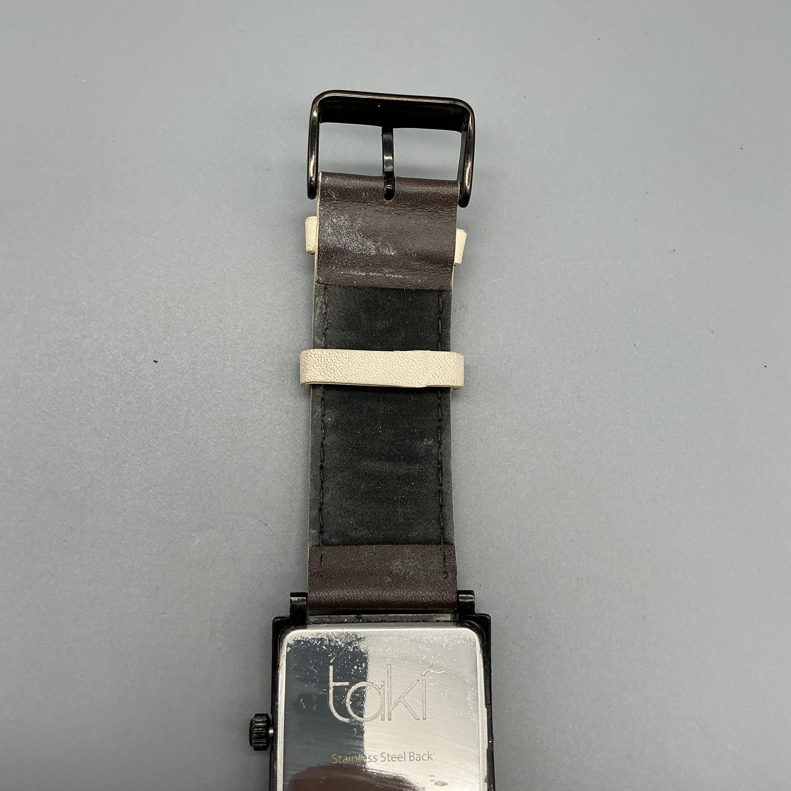 Taki Mens Watch 35mm Blue Dial Black Case Brown Leather Band New Battery