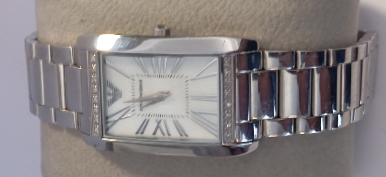 NEW EMPORIO ARMANI AR3169 RECT STEEL AND ZIRCON WATCH
