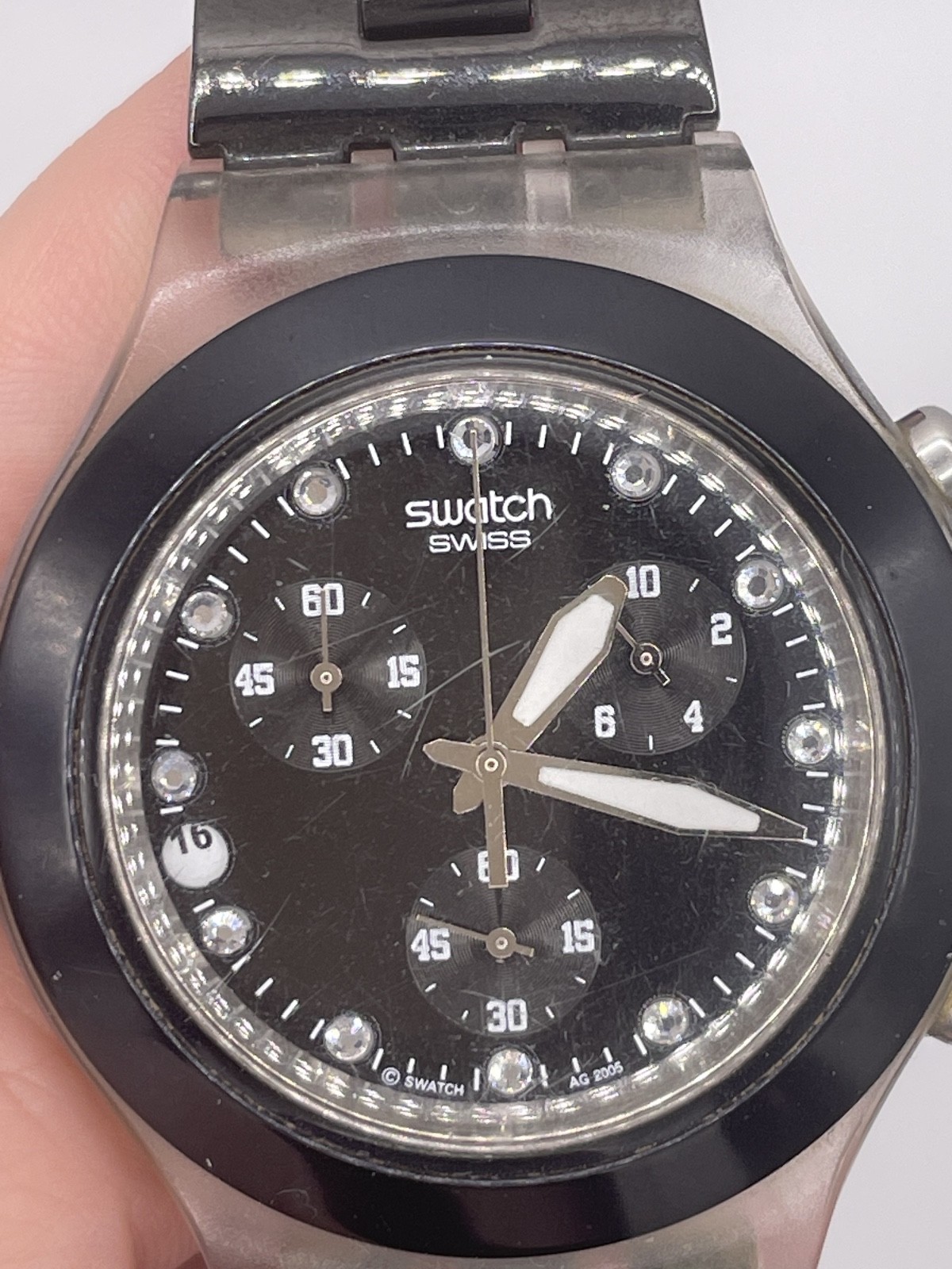 Swatch Swiss Irony Diaphane Clear Black Watch with gems UNTESTED SCRATCHED