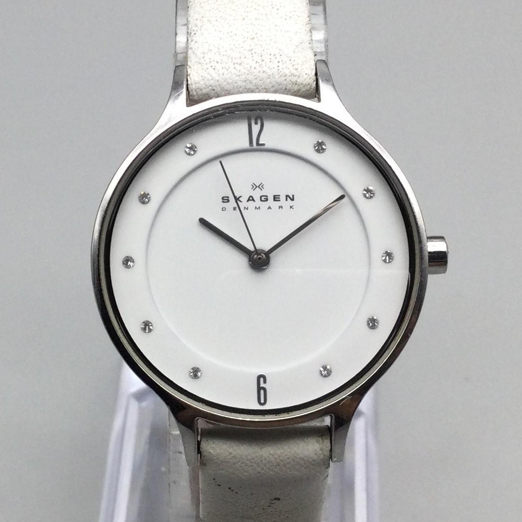 Skagen Watch Womens 30mm Silver Tone White Leather 358SSSD SKW2145 New Battery