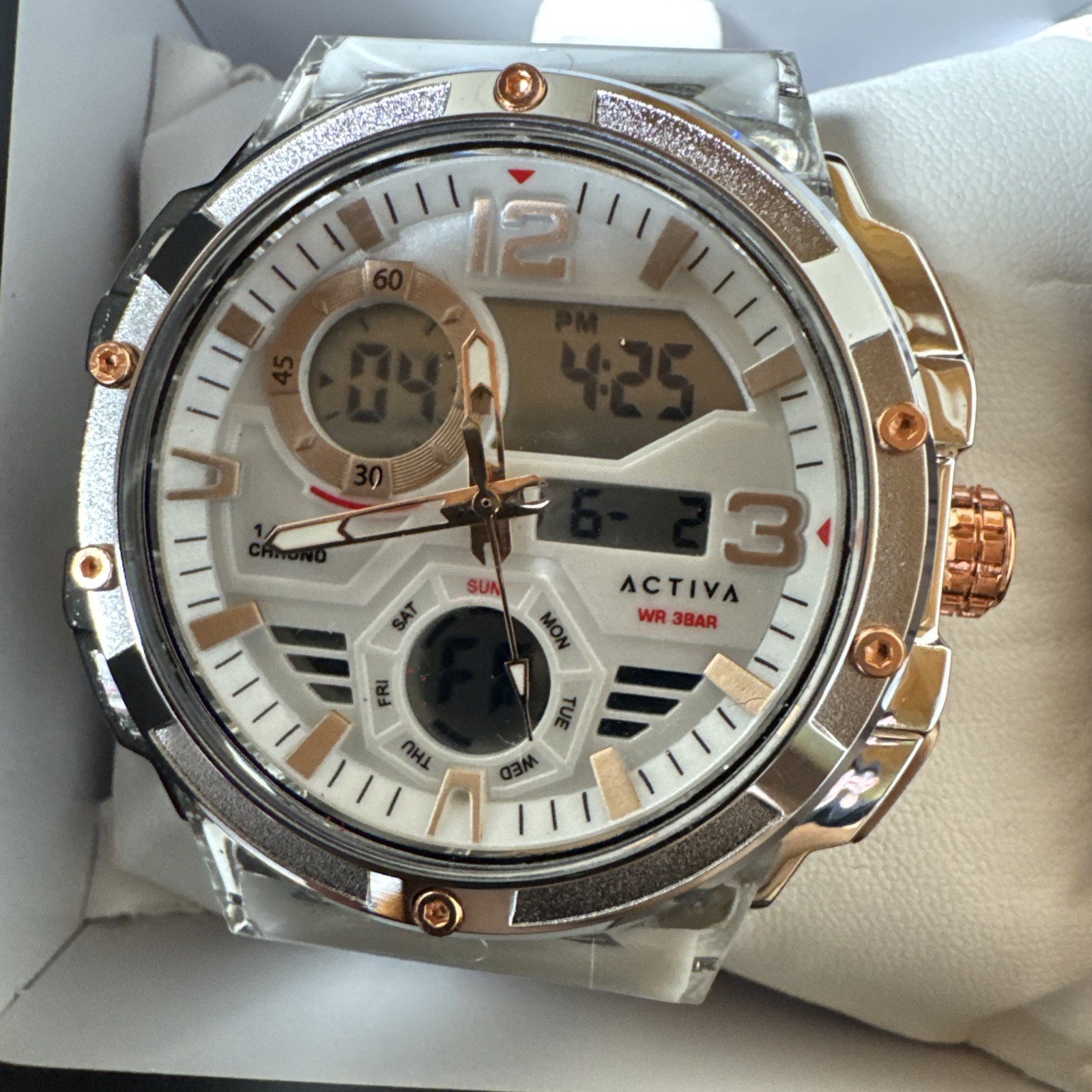 Activa Quartz Date Analog White Dial Silver Tone SS Case White Strap w/ Box
