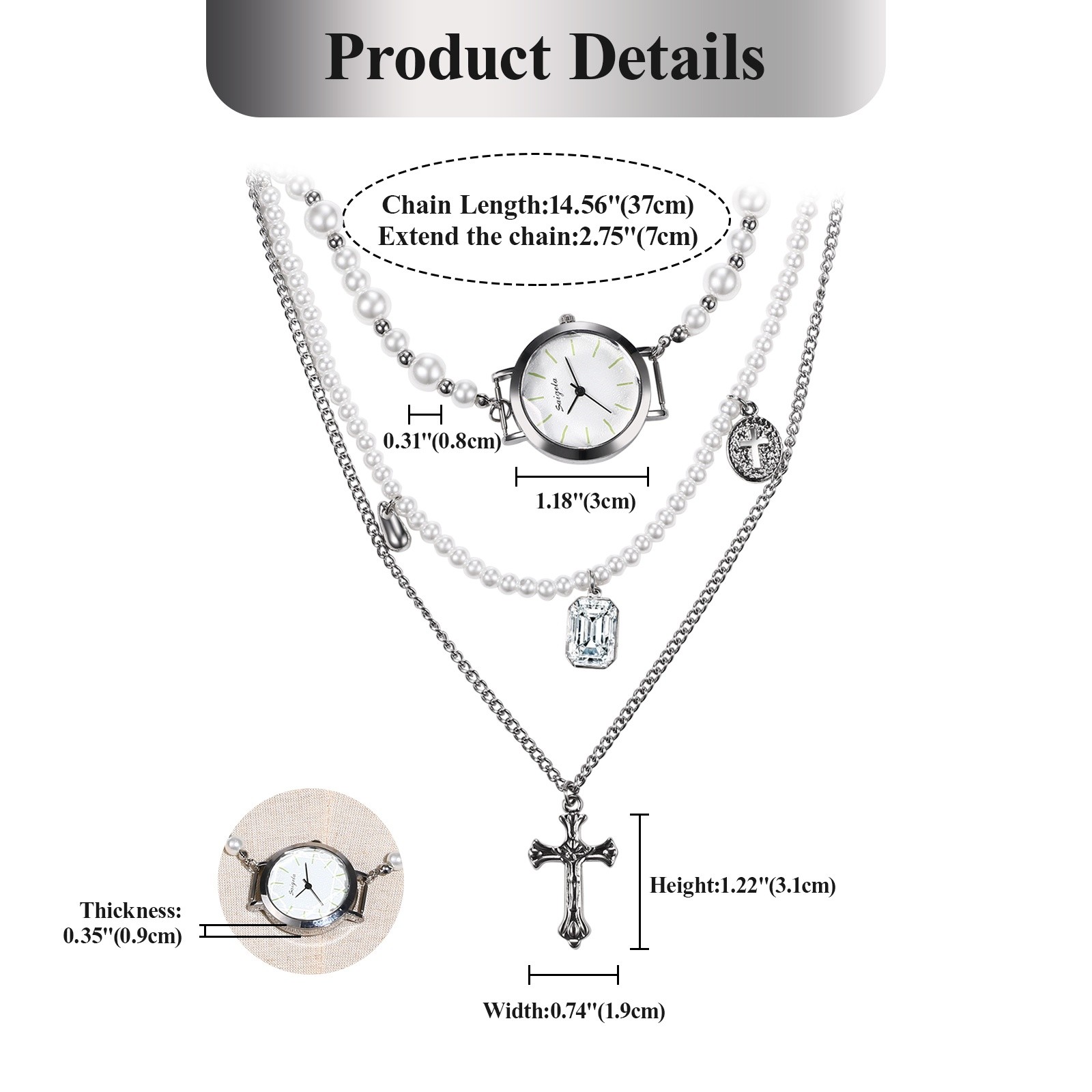 3 Layers Necklace Watch Analog Quartz Cross Faux Pearl Choker Womens WristWatch