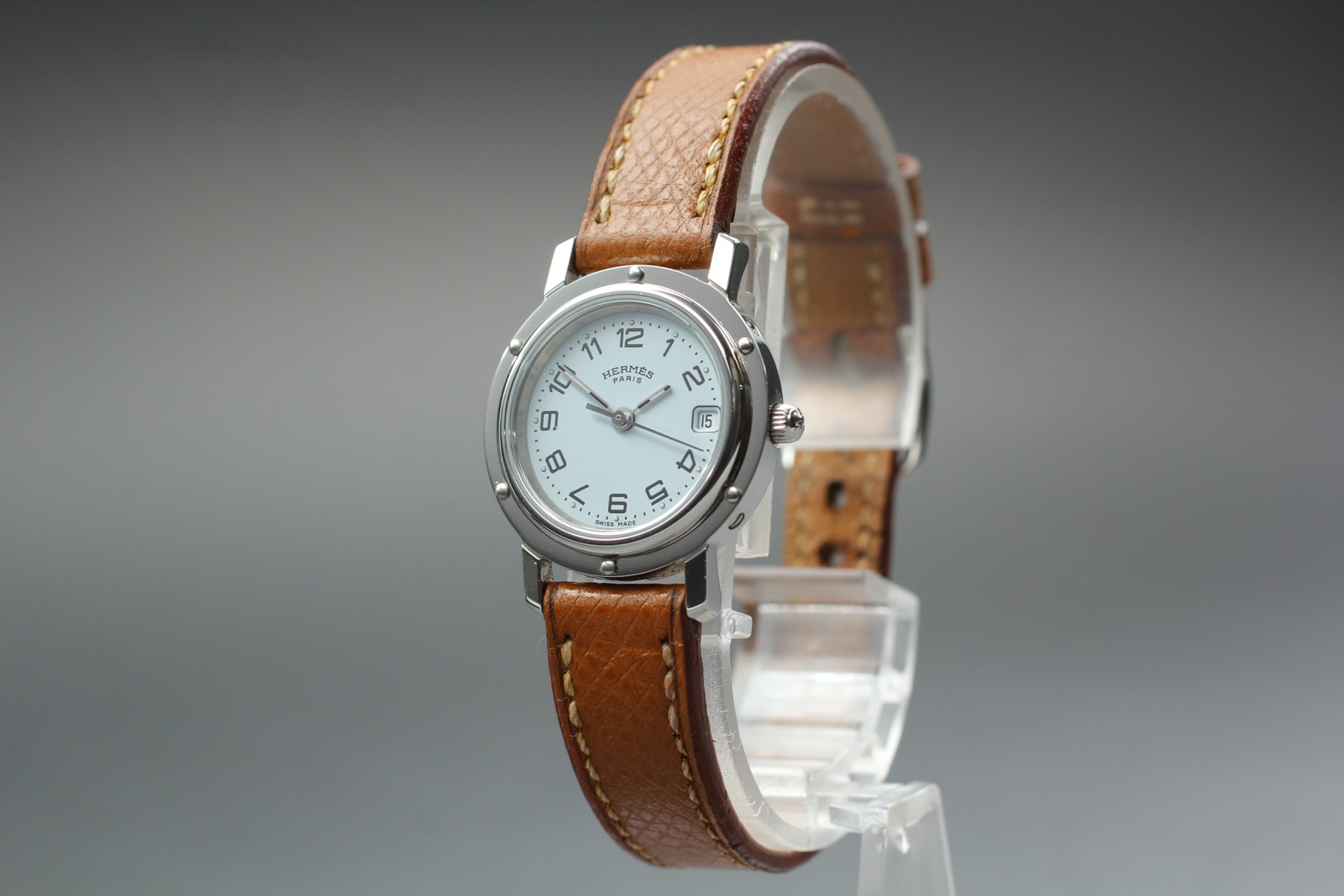 Full Set [MINT] Vintage HERMES Clipper CL4.210 Qz White Dial 24mm Women Watch