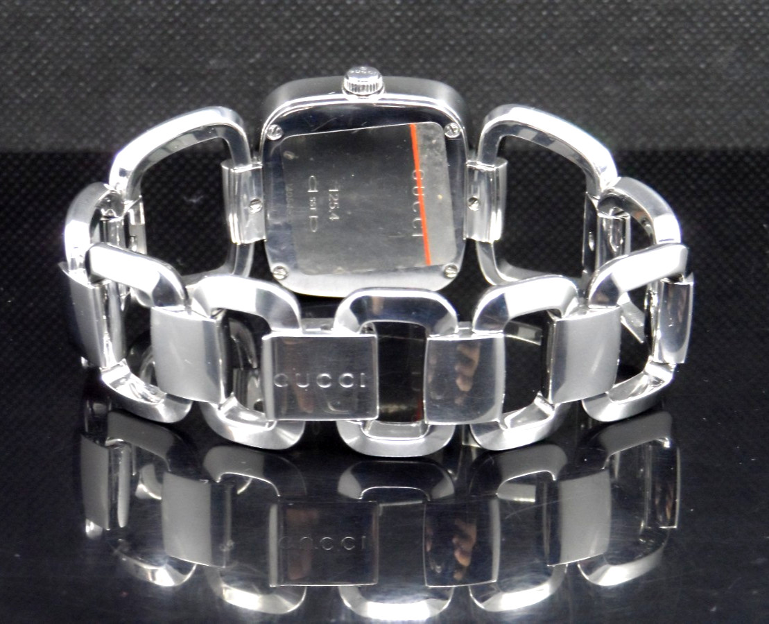 GUCCI YA125401 Silver Tone G-Gucci 125.4 Series Diamond Brown Dial Ladies Watch