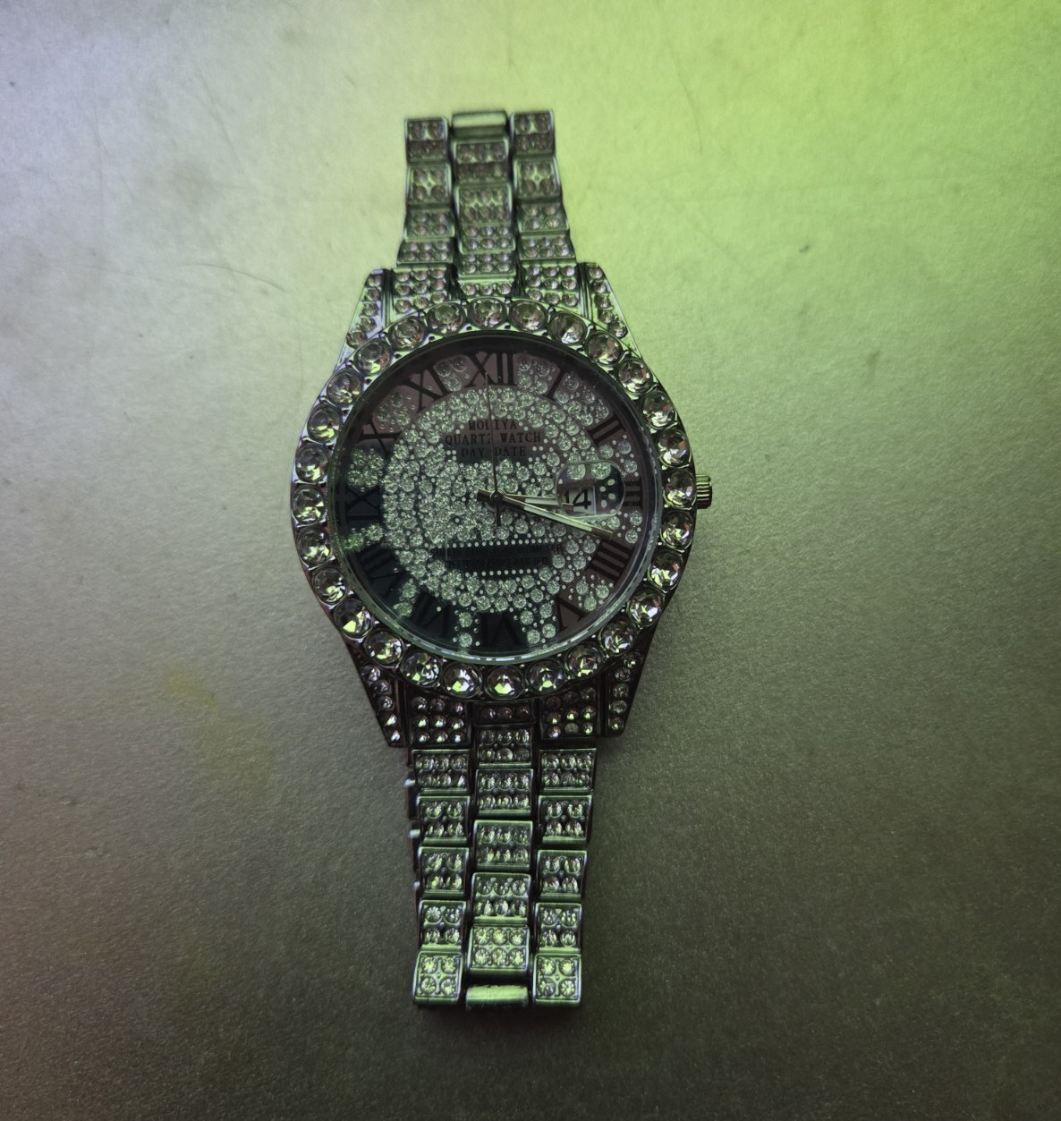 Iced-Out Silver Tone Analog Wristwatch Roman Numerals Gem-Set Bezel Rhinestone